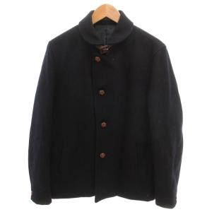 美品 コート ウール L 紺 ネイビー ショールカラー ボタン留 ハーフ丈 BAJ-126-116-1