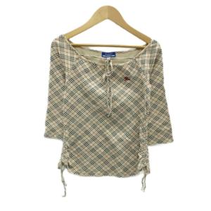Tシャツ カットソー 七分袖 38 ベージュ チェック柄 ロゴ刺? リボン /MA14 ECD001