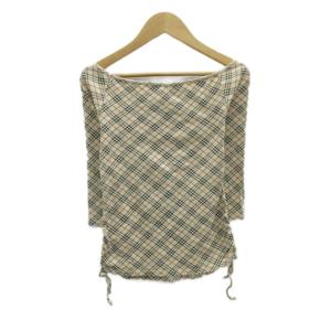 BURBERRY BLUE LABEL Tシャツ カットソー 七分袖 38 ベージュ チェック柄 ロゴ刺? リボン /MA14 ECD001