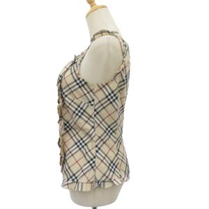BURBERRY BLUE LABEL カットソー 38 ベージュ ノースリーブ Vネック ノバチェック柄 フリル /YS58 ECD001