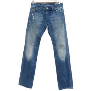 SAFADO デニムパンツ ジーンズ ストレート W28 青 ブルー ダメージ加工 ボタンフライ ロング丈