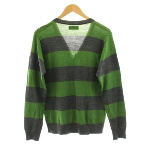 FRED PERRY ニットカーディガン 長袖 Vネック ボーダー柄 ウール M 緑 グリーン グレー K9242 /KU ECD001