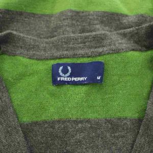 FRED PERRY ニットカーディガン 長袖 Vネック ボーダー柄 ウール M 緑 グリーン グレー K9242 /KU ECD001