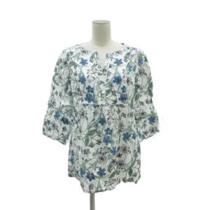 ブラウス カットソー 麻 リネン 11 白 花柄 スリットネック 七分袖 /SY65 ECC001