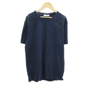 Tシャツ カットソー ラウンドネック 半袖 総柄 ベロア 切替  M 紺 ネイビー /HO3 ECD001