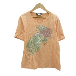 Tシャツ カットソー L オレンジ 半袖 ラウンドネック プリント ビーズ刺? /YS32 ECD001