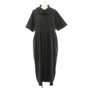 裸一貫 つづ井さん オカザキさんの喪服ワンピース ミモレ ロング F 黒 ブラック 半袖 フリル丸襟 ダマスク柄