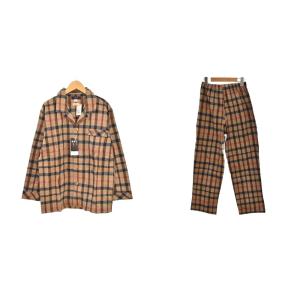 パジャマ ルームウェア セットアップ シャツ 長袖 パンツ チェック S 茶 ブラウン ECD001