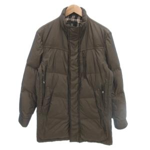 美品 ダウンコート L カーキ スタンドカラー チェック柄裏地 ジップアップ ミドル ハーフ丈 /HW