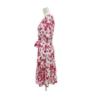HANAE MORI ワンピース ラウンドネック 半袖 ミモレ丈 花柄 ドット柄 9A3 オフホワイト マゼンタ /HO55