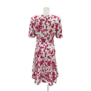 HANAE MORI ワンピース ラウンドネック 半袖 ミモレ丈 花柄 ドット柄 9A3 オフホワイト マゼンタ /HO55