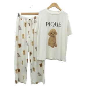 ルームウエア セットアップ 上下 カットソー 半袖 ラウンドネック パンツ ストレート 犬柄 ロゴ ONESIZE