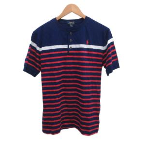 タグ付き Tシャツ 半袖 ヘンリーネック XL 青 ブルー 赤 レッド ボーダー カットソー /PP GY58