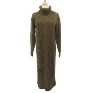 Natural VINTAGE ニットワンピース F カーキ タートルネック 長袖 ケーブル編み マキシ丈