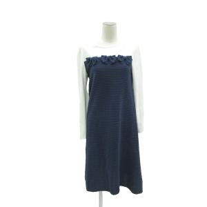 ニットワンピース ミモレ丈 42 XL 紺 長袖 リボンモチーフ ラウンドネック /SY58 ECA002
