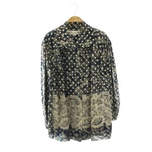 Christian Dior シャツ ブラウス 絹 シルク 9 ネイビー ベージュ ドット柄 レース柄 長袖 ひざ丈 ECD002 /JP