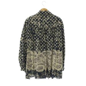 Christian Dior シャツ ブラウス 絹 シルク 9 ネイビー ベージュ ドット柄 レース柄 長袖 ひざ丈 ECD002 /JP