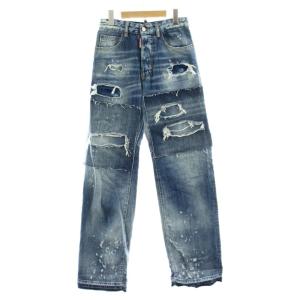 パッチワーク ジーンズ デニムパンツ ストレート ダメージ加工 ボタンフライ 34 インディゴブルー S75LB1069D30011