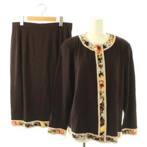 FASHION セットアップ スーツ ノーカラージャケットスカート カットソー L ダークブラウン マルチカラー