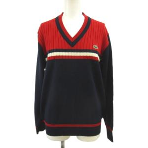 CHEMISE LACOSTE ニット セーター ウール ３ 赤 レッド 紺 ネイビー Vネック 長袖