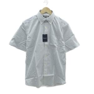 Yシャツ ワイシャツ L オフホワイト 紺 ネイビー 半袖 チェック柄 ボタンダウンカラー /HO51