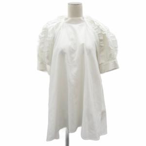 ブラウス シャツ F 白 ホワイト スタンドカラー パフスリーブ 半袖 バックリボン レース /YS35