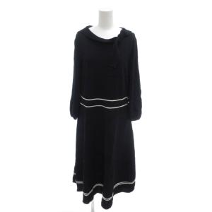美品 ロングワンピース 長袖 リボン ボートネック 42 紺 ネイビー 白 ホワイト /YJ ECE003