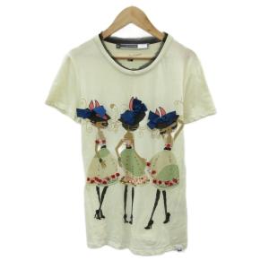 Tシャツ カットソー S オフホワイト 半袖 ラウンドネック プリント ラインストーン装飾 /SY44