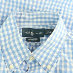 RALPH LAUREN CLASSIC FIT ボタンダウンシャツ M 水色 ライトブルー 白 ホワイト チェック 半袖 /YM