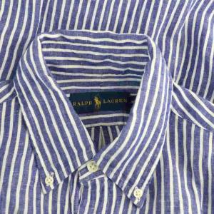 RALPH LAUREN ボタンダウンシャツ リネン ストライプ 長袖 M 紺 ネイビー 白 ホワイト /YM ECE003