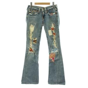 Woodstockフレアジーンズ デニムパンツ パッチワーク 花柄 ドット柄 ダメージ加工 24 インディゴブルー
