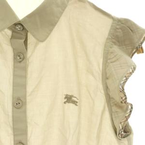 BURBERRY BLUE LABEL シャツ ブラウス レギュラーカラー フリル ロゴ ノバチェック柄 38 グレージュ /BB ECE003