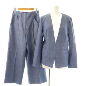 リネン ストレッチ ノーカラージャケット 背抜き パンツ スラックス M L 青 ブルー /TK ECE003