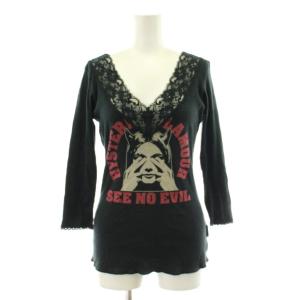 Tシャツ カットソー リブ Vネック 七分袖 レース プリント F 黒 ブラック 2CL-9880 /KU