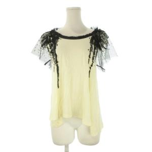 T-SHIRT COUTURE 切替カットソー 6 白 アイボリー スパンコール 半袖 チュール袖 垂れ下がる装飾