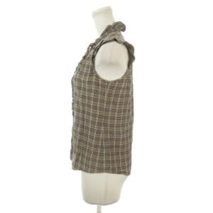 BURBERRY BLUE LABEL シャツ ブラウス 36 茶 ブラウン チェック柄 ノースリーブ フリルネック /AH20 ECE003