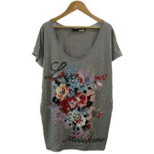 チュニック Tシャツ カットソー フレンチスリーブ Uネック 花柄 ロゴ プリント 刺繍 42 グレー