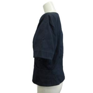 YVES SAINT LAURENT ノーカラージャケット 半袖 クルーネック 肩パッド 38 紺 ネイビー /XZ GY49