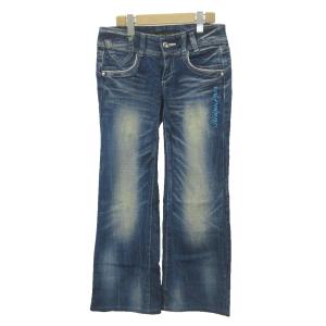 デニムパンツ ジーンズ 26 紺 ネイビー ウォッシュ加工 フレア フルレングス /YU ECB002
