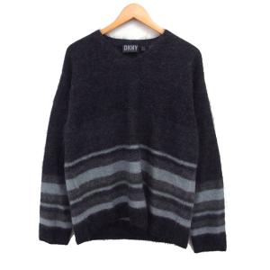 シャギー ニット セーター 長袖 Vネック ボーダー モヘヤ混 L チャコール /FT
