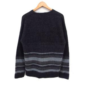 DKNY シャギー ニット セーター 長袖 Vネック ボーダー モヘヤ混 L チャコール /FT