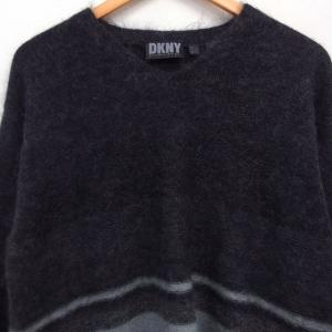 DKNY シャギー ニット セーター 長袖 Vネック ボーダー モヘヤ混 L チャコール /FT