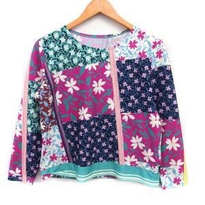 パッチワーク風 花柄 Tシャツ カットソー 長袖 丸首 40 ミント ピンク /FTECC003