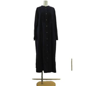 ロングシャツワンピース ウール 44 紺 ネイビー スタンドカラー プリーツ 長袖 /SH ECC003
