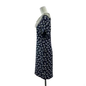 HANAE MORI ワンピース 7A3 ネイビー 紺 花柄 レース襟 パフスリーブ 半袖 ひざ丈 /PP ECC003