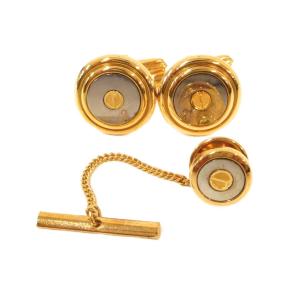 美品 カフスボタン 3点セット ゴールドカラー 円形デザイン ツートーンカラー ネジモチーフ /IL ECC003