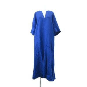 ワンピース 麻 リネン F 青 ブルー 無地 Vネック 七分袖 /NP GY99