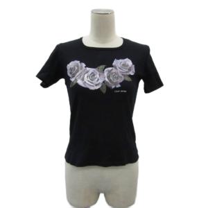 Tシャツ カットソー 黒 ブラック 半袖 クルーネック 花柄プリント /YS1 ECB003