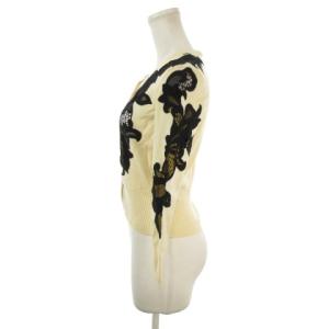 DIANE von FURSTENBERG カーディガン ウール P ベージュ 黒 ブラック レースアップリケ ラウンドネック 七分袖 /AH28
