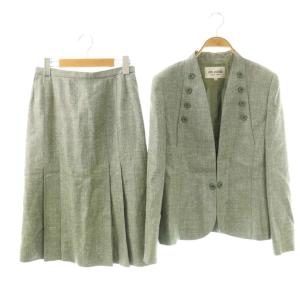 セットアップ ノーカラージャケット シングル 総裏地 フレアスカート プリーツ ひざ丈 ウール 麻 リネン混